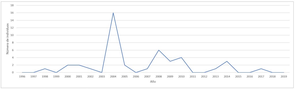 Figura 2. Evolución anual del número total de individuos de vuelvepiedras común en Madrid entre 1996 y2019